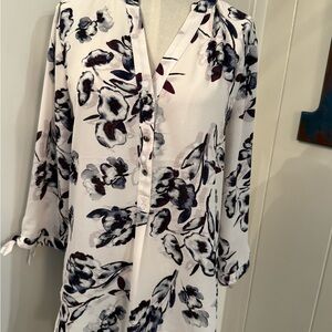 Ivanka Trump White Floral Button-Down Blouse with Navy & Burgundy